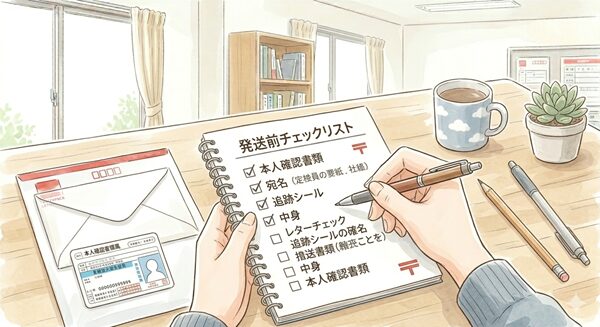 レターパック発送前のチェックリストを確認している手元のイラスト