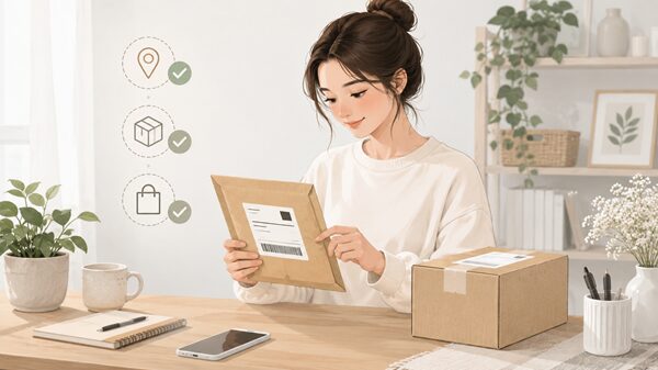 ラベル付き封筒や小さな箱を机に置き、発送前の確認をしている女性のイラスト