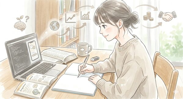 語学や仕事のスキルを学び、知識を習得している女性のイラスト