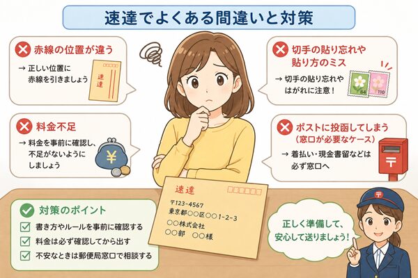 速達封筒を出す前に、赤線や宛名、切手、集荷時間を確認するチェックリストのイラスト
