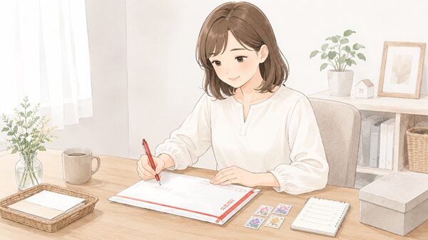 速達封筒の書き方を確認しながら、赤ペンと切手を用意している女性のイラスト