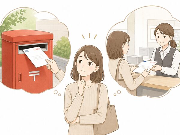 速達封筒をポスト投函する場合と郵便局窓口で出す場合を比較して考えている女性のイラスト