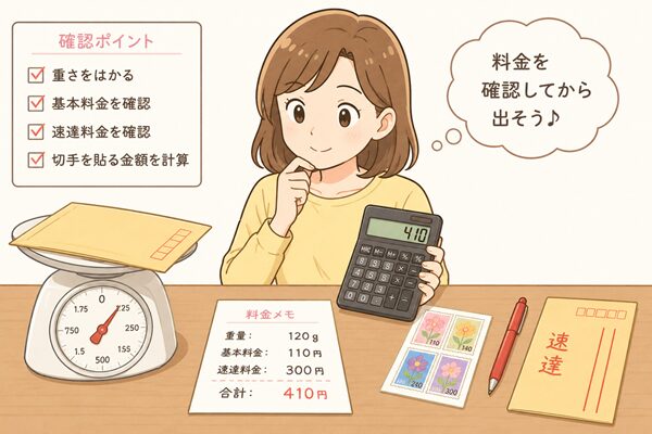 速達封筒に貼る切手料金を、はかりや電卓で確認しているイラスト