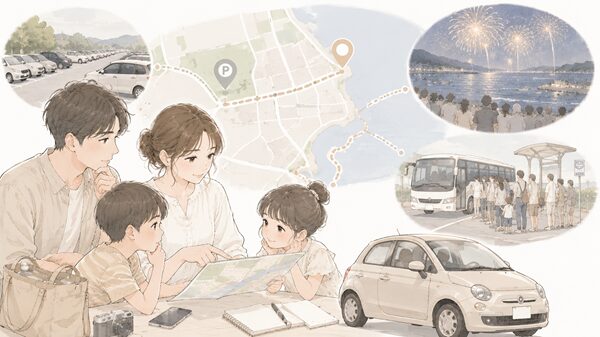 花火大会当日に向けて駐車場やシャトルバスの行き方を確認する家族