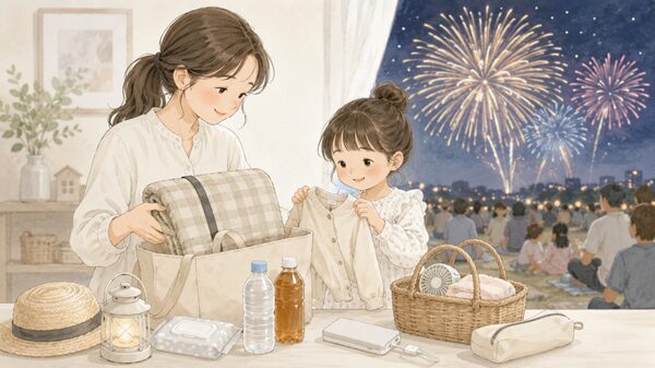 花火大会に行く前に持ち物を準備する女性と子ども