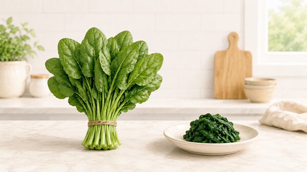 生のほうれん草と茹で後のほうれん草を比較したイラスト