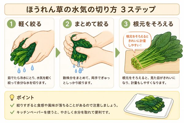 茹でたほうれん草の水気を切る手順を説明したイラスト