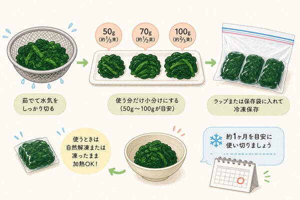 茹でたほうれん草を小分けにして冷凍保存する手順のイラスト