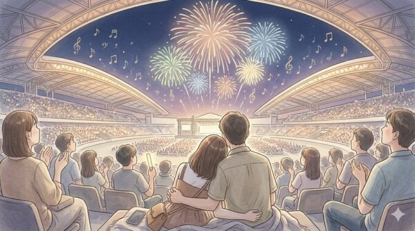 スタンド席から夜空の花火と音楽演出を楽しむ観客のやさしいイラスト