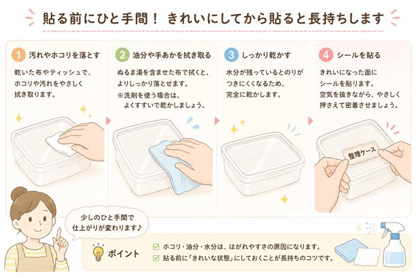 シールを貼る前に汚れや油分を拭き取る手順のイラスト