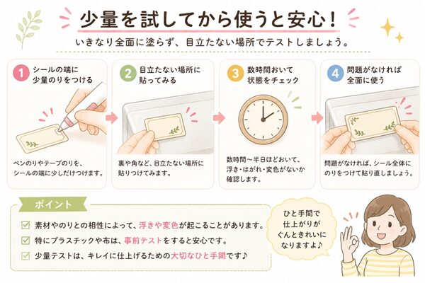 シールの端に少量のりを塗って目立たない場所で試すイラスト