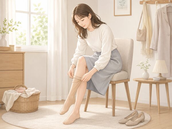 椅子に座った女性がストッキングを足先から少しずつやさしく履いているイラスト