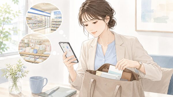 スマホで近くのコンビニや100均を調べながら、バッグの中の名刺を確認している女性のイラスト