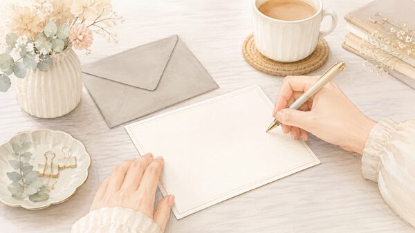 退職のお礼メッセージカードを書く手元のイラスト