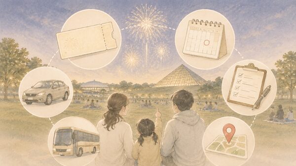 北海道芸術花火2026のチケット・駐車場・シャトルバスなど確認ポイントをまとめたイラスト