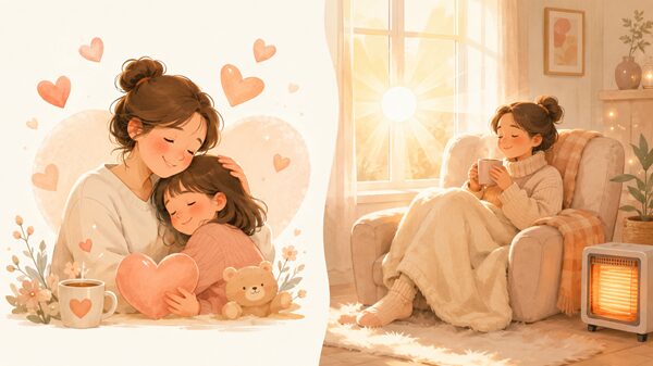 心のあたたかさを表すハートのイメージと、日差しや部屋のぬくもりを表す体感のあたたかさを並べて比較したイラスト