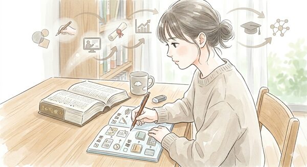 習得・修得・取得・履修の使い分けをチェックリストで確認している女性のイラスト