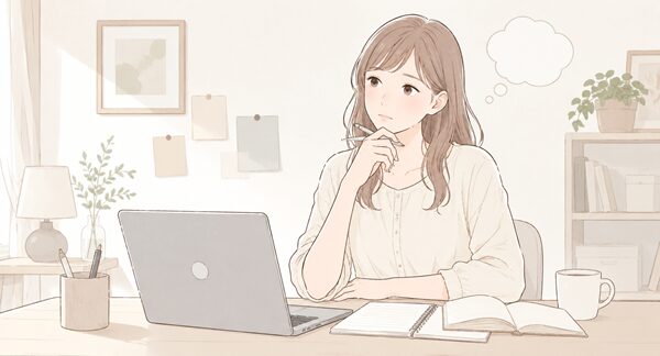 パソコンとノートを見ながら連絡文の言葉選びに迷っている女性のイラスト