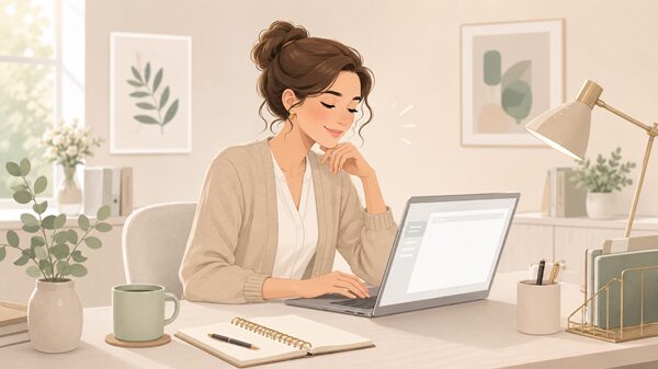 落ち着いたオフィスで、ノートパソコンを使って丁寧なメールを作成している女性のイラスト