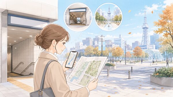 地下鉄の駅近くでスマートフォンの地図と会場マップを見ながら久屋大通公園への行き方を確認している女性