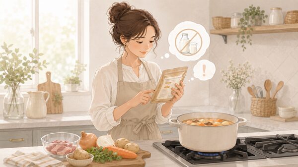 シチュールーのパッケージ裏面を確認しながら、鍋のシチューを作っている女性のイラスト