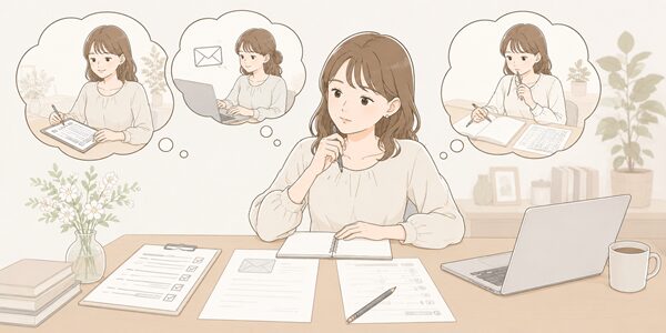 アンケート用紙や問い合わせメール、テスト用紙を見ながら回答と解答の使い分けを考えている女性