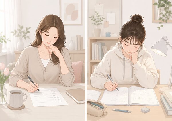 アンケート用紙に回答する女性とテスト問題を解く学生を左右に並べた比較イラスト