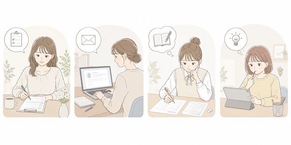 アンケート、問い合わせメール、テスト、クイズの場面を並べた回答と解答の使い分けイラスト