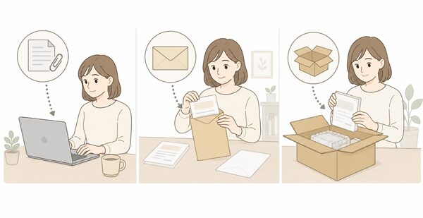 パソコンで資料を添付する場面、封筒に書類を同封する場面、段ボール箱に説明書を同梱する場面を並べた比較イラスト