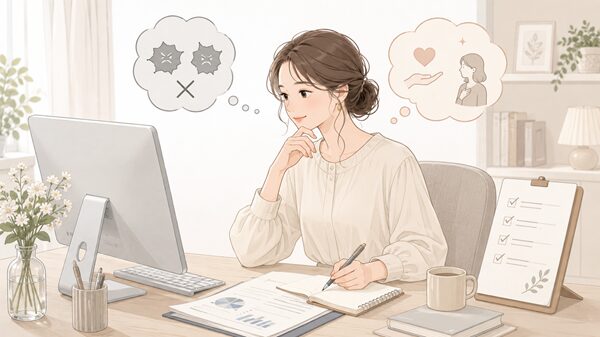 ビジネス文書で丁寧な表現を選ぶために、パソコンでメール文を整えている女性のイラスト