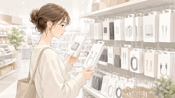コンビニや100均で充電器やケーブルの商品表示を見比べている女性のイラスト