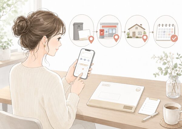 スマートフォンで差出場所と配達先を確認し、レターパックの到着日を調べる女性