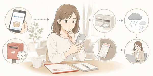 スマートフォンで追跡情報を確認し、取集時刻や不在票、天候、郵便局への問い合わせを順番に確認する女性