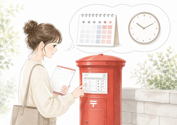レターパックを投函する前に、郵便ポストの取集時刻と曜日を確認する女性
