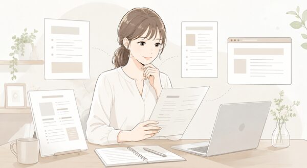 説明書や報告書、Webページを見比べて記載内容を確認している女性