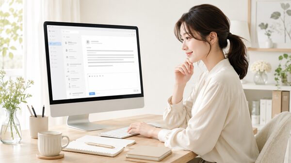 パソコンで問い合わせメールへの回答を作成している女性