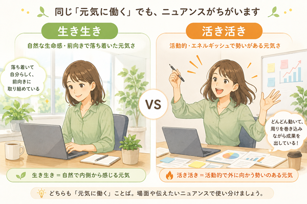 生き生きと活き活きの働き方の違いを左右で比較した図