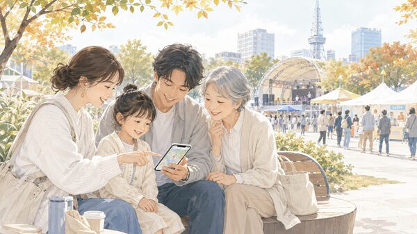 久屋大通公園のステージやブースが見える場所で休憩しながら会場マップを確認している家族