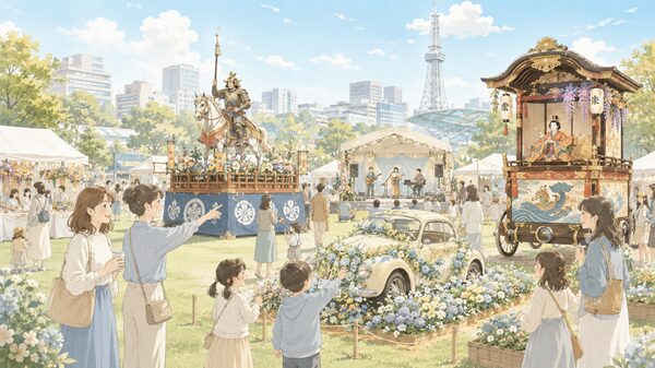 久屋大通公園でフラワーカーや郷土英傑行列フロート、山車からくりの展示を見て楽しむ来場者たち