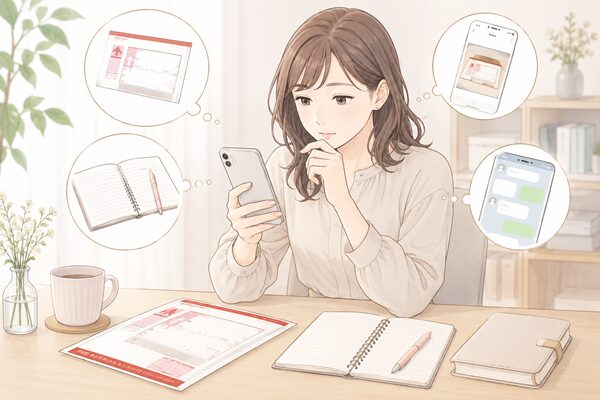 スマートフォンの写真やメモ、送信履歴を確認しながらレターパックの追跡番号を探す女性