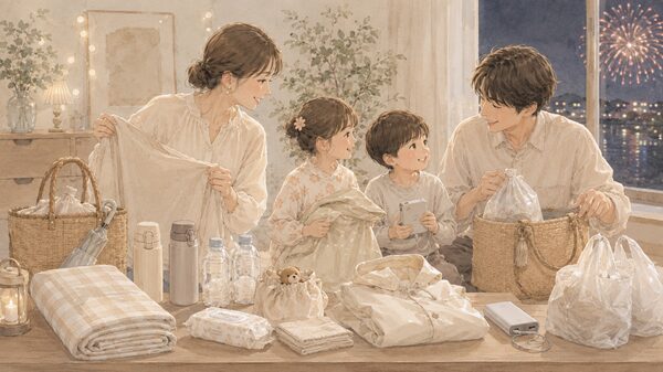 10月夜の花火大会に向けて、家族がレジャーシートや飲み物、羽織もの、雨具などを準備しているイラスト