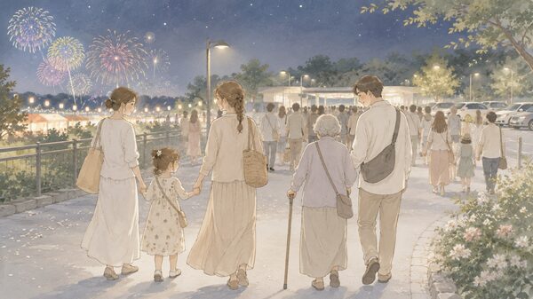花火大会の帰り道で、子どもや高齢者に配慮しながら駅や駐車場方面へゆっくり移動する家族のイラスト