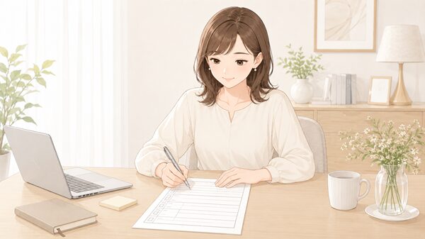 申込書の決められた欄に氏名や住所を書き入れている女性