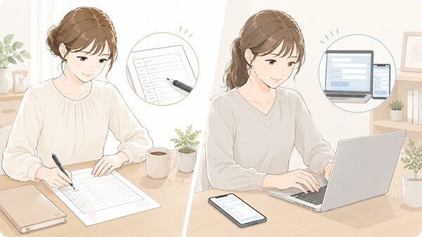 紙の申込書にペンで記入する場面とパソコンやスマートフォンのフォームに入力する場面の比較