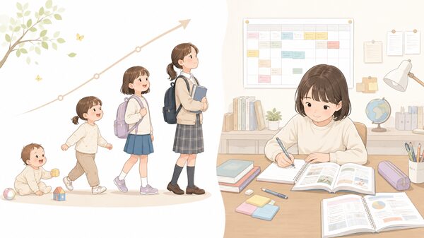 子どもが幼児から学生へ成長する過程と、教科書や時間割に沿って学ぶ教育課程を左右に並べたイラスト