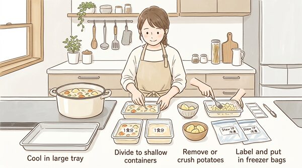 明るいキッチンで、女性が鍋のシチューを浅い容器に小分けし、じゃがいもを別皿に移したり潰したりして、冷凍保存袋とラベルを用意している様子を描いたイラスト