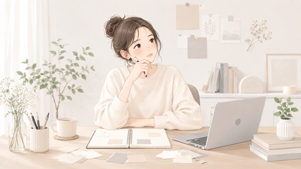 ノートとパソコンの前で、生き生き・活き活き・いきいきのどの表記が合うかをやさしく考えている女性のイラスト