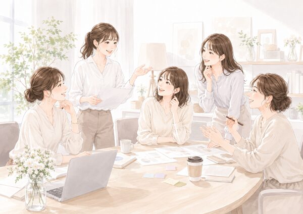 職場や地域活動で複数の人が前向きに意見を出し合い、活き活きとした雰囲気が伝わるイラスト