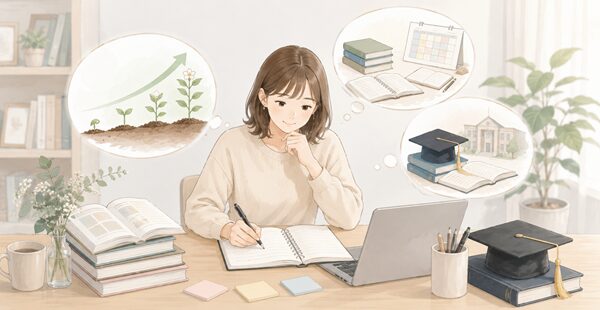 成長過程、教育課程、修士課程の使い分けをノートで確認している女性のイラスト