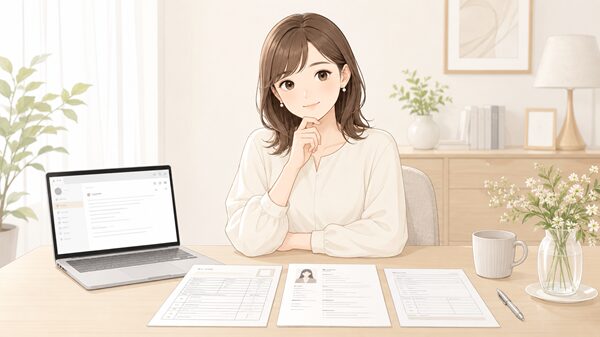 申込書や履歴書、メール画面を見ながら、記載と記入の使い分けを考えている女性